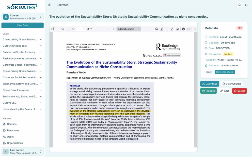 Die vom KI-Tutor zu verwendenden Dokumente können von Lehrenden niederschwellig verwaltet werden. Studierende haben standardmäßig keinen Zugriff auf die vollen Texte um etwaige Copyright Verstöße zu vermeiden.